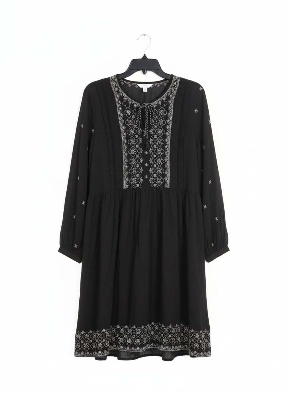 Sheer Women's Black Embroidered Long Sleeve Boho Peasant Dress Whimsygoth